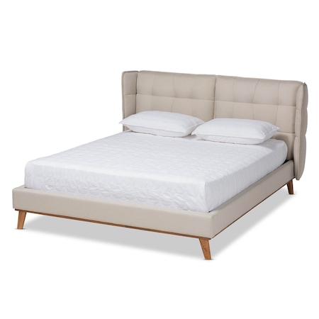 Baxton Studio Gretchen Beige Upholstered and Walnut Wood Queen Size Platform Bed 164-10660